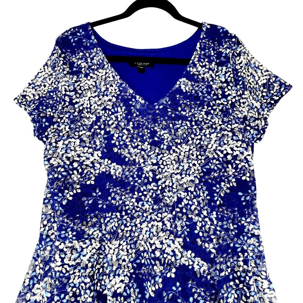 RN Studio Ronni Nicole Dress Blue Handkerchief Hem Flowy Lace Overlay Lined 16 - Picture 2 of 13